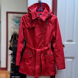 Red Removable Hooded, Belted Trench Raincoat for Modern Women Like New